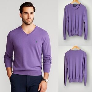 Polo Ralph Lauren Sweater Mens Size XL Purple V Neck Cashmere Blend Green Pony